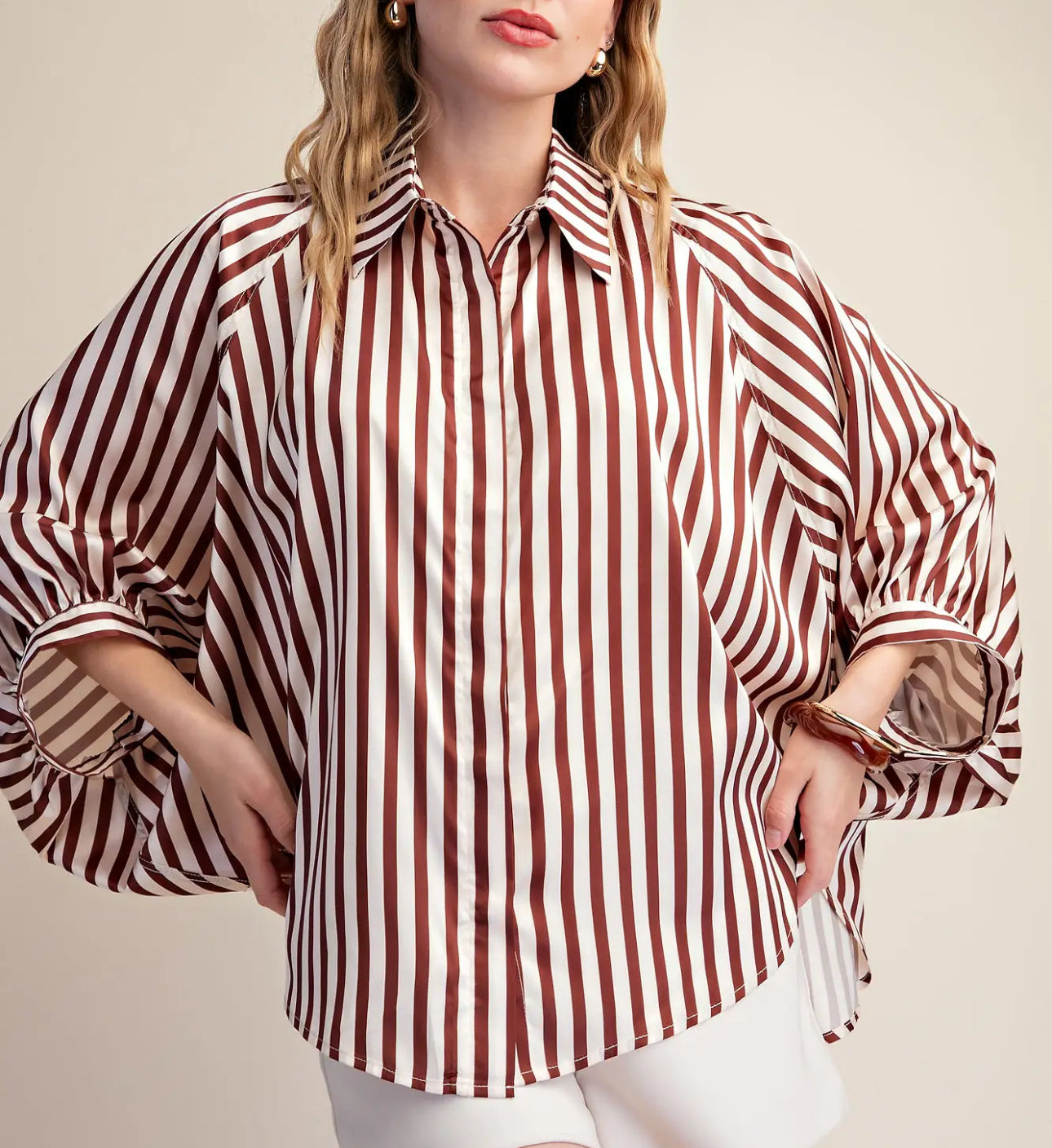 Burgundy/Cream Bubble Sleeve Top