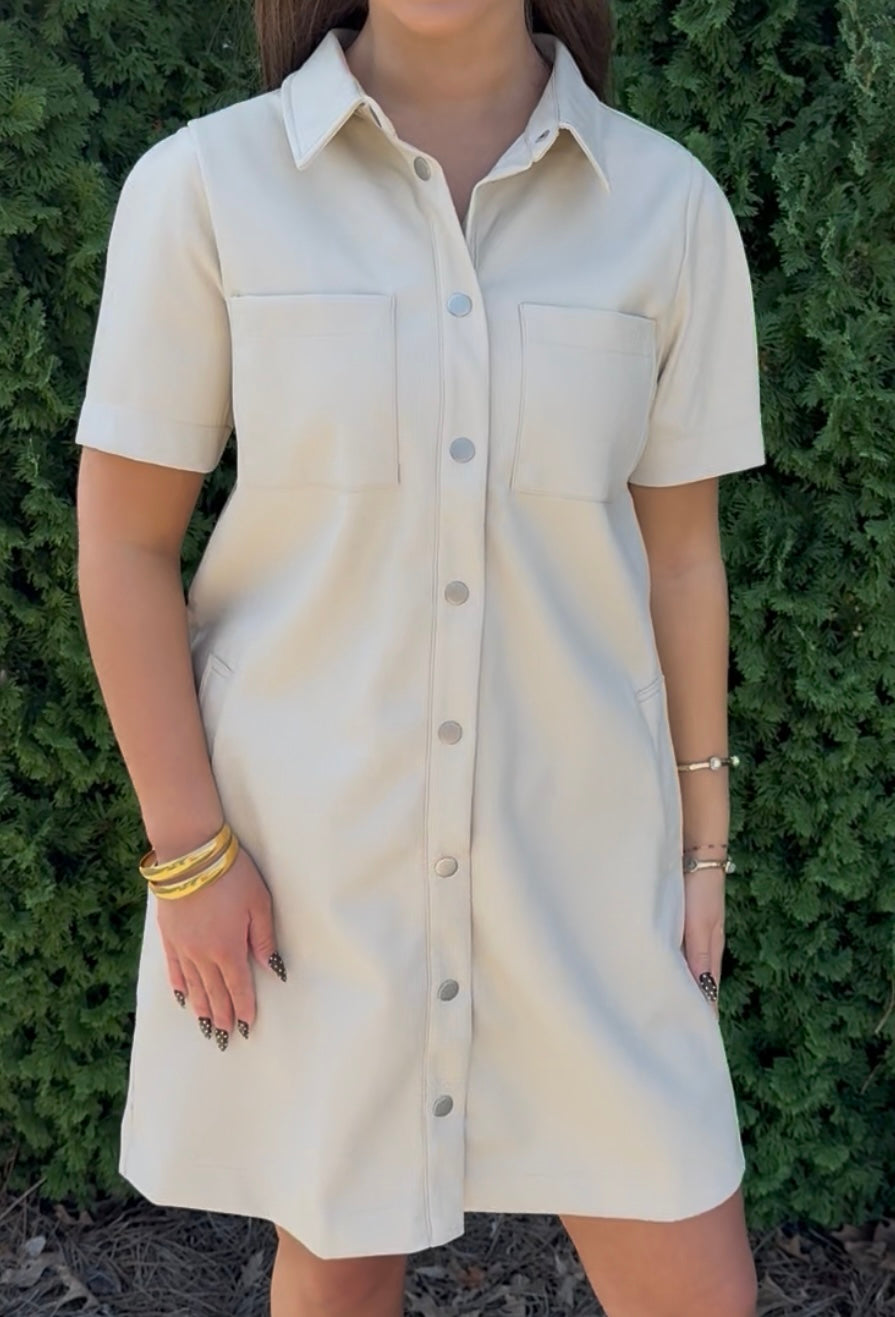 Faux Leather Button Up Dress