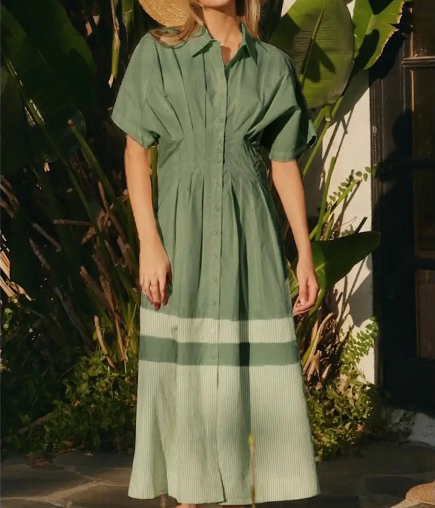 Plus Cinch Waist Sage Combo Dress