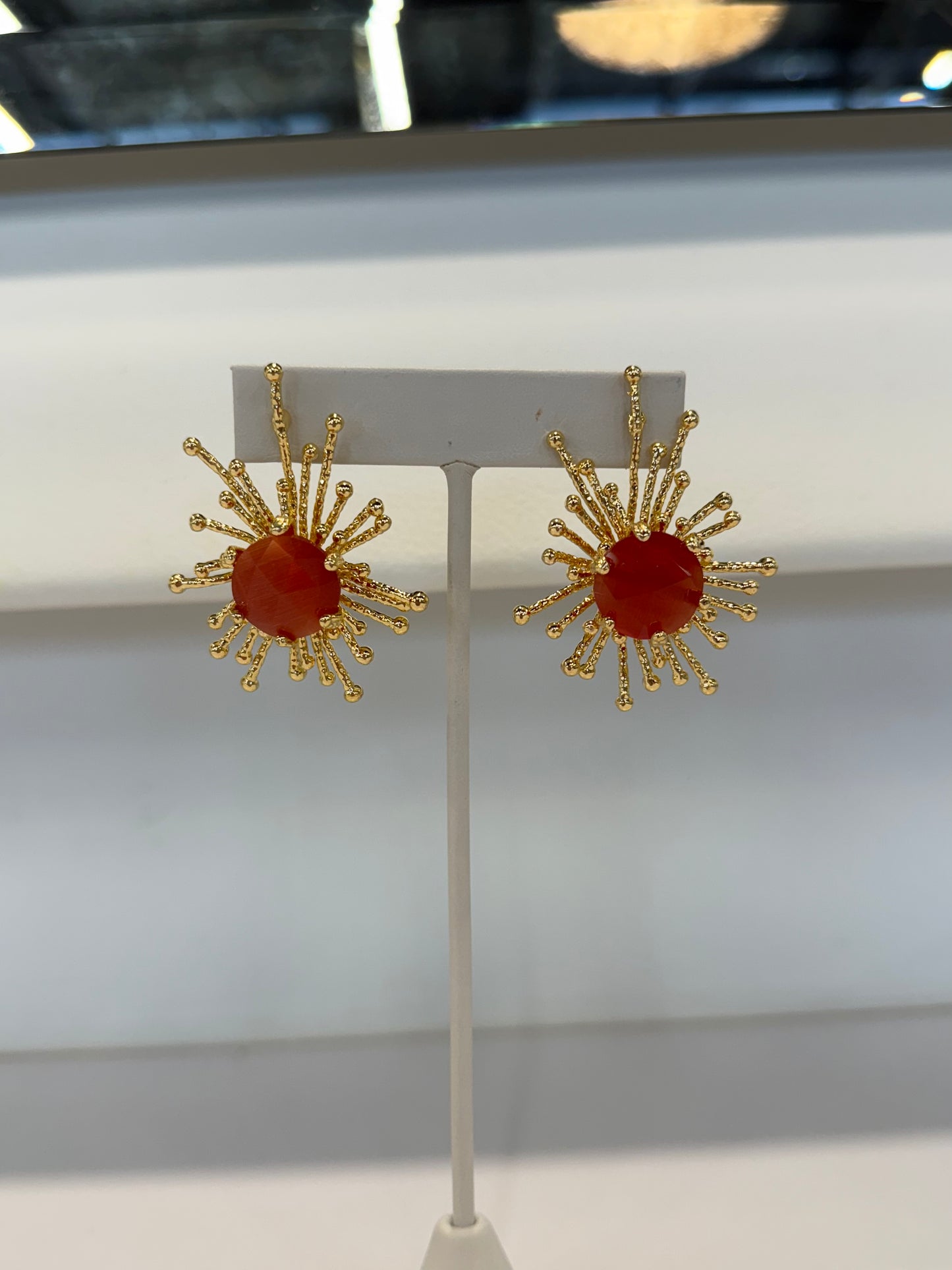Gold Sunburst Earrings w/ Stone