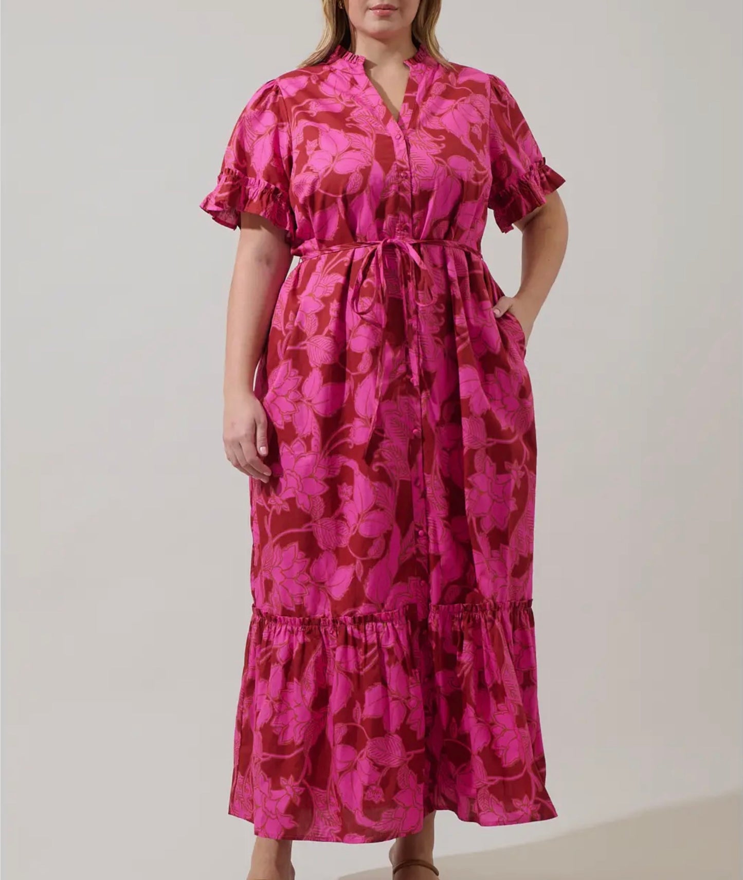 Plus Floral Button Up Dress Burgundy/Pink