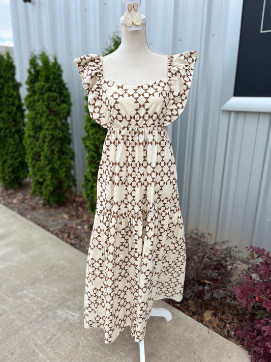 Brown Embroidered Tiered Dress