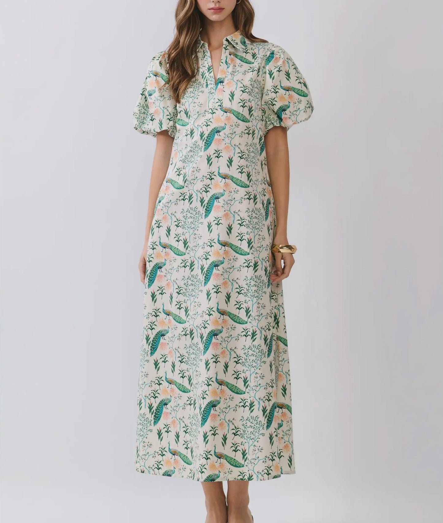 Puff Sleeve Peacock Print Dress