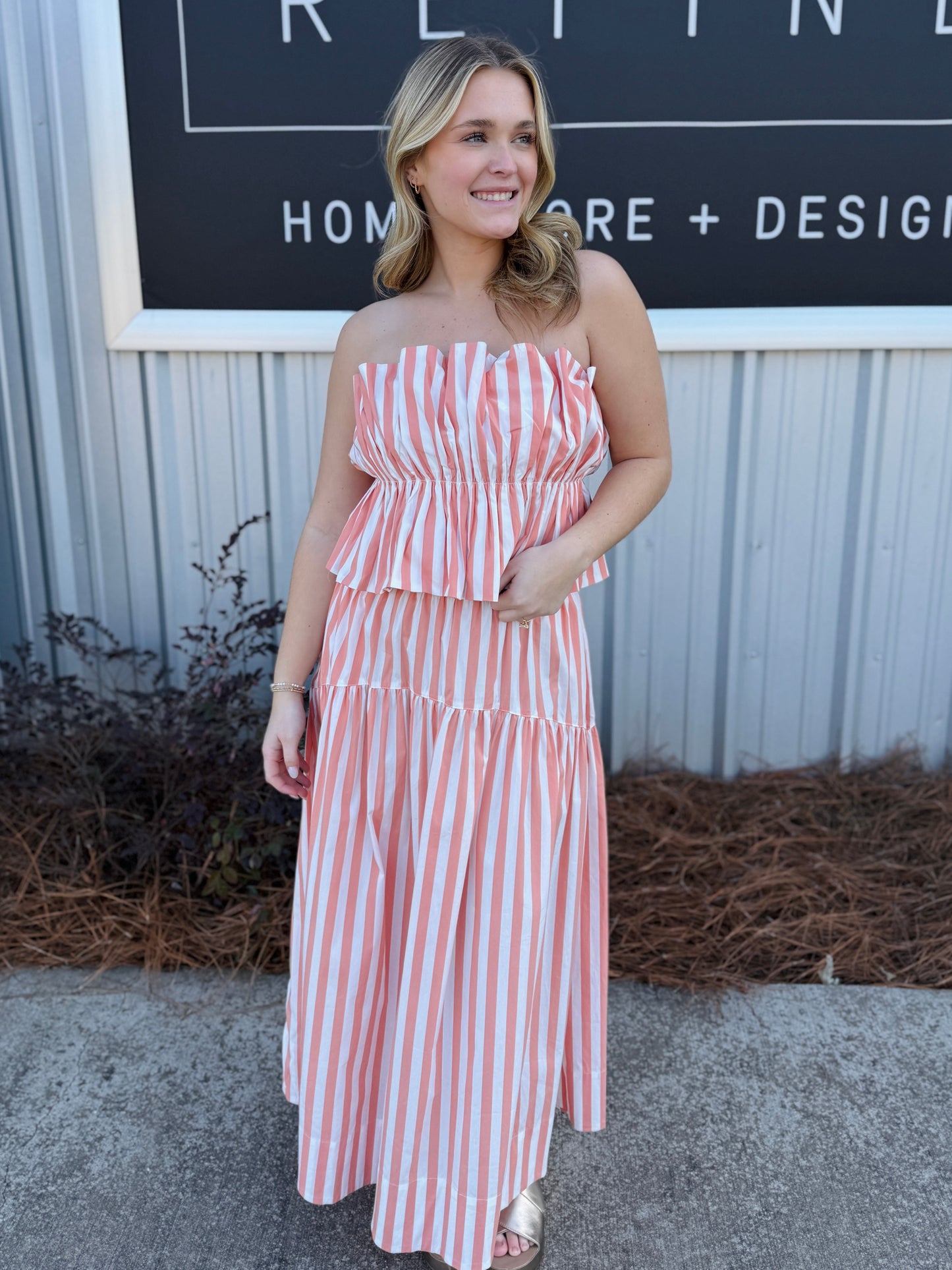 Coral Stripe Strapless Skirt Set