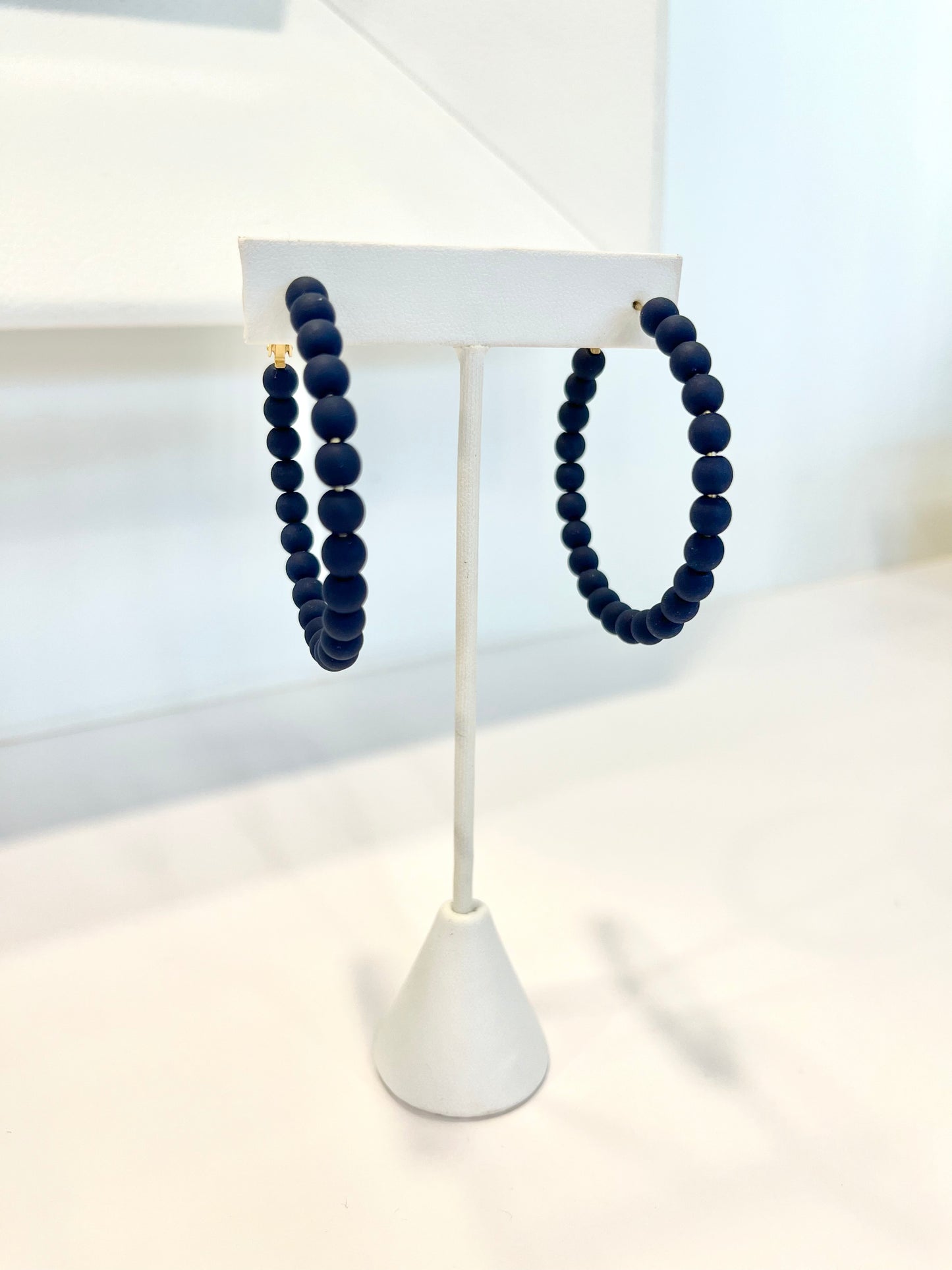 Matte Navy Beaded Hoop Earrings
