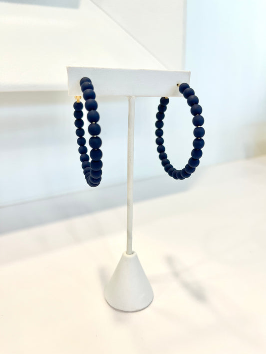 Matte Navy Beaded Hoop Earrings