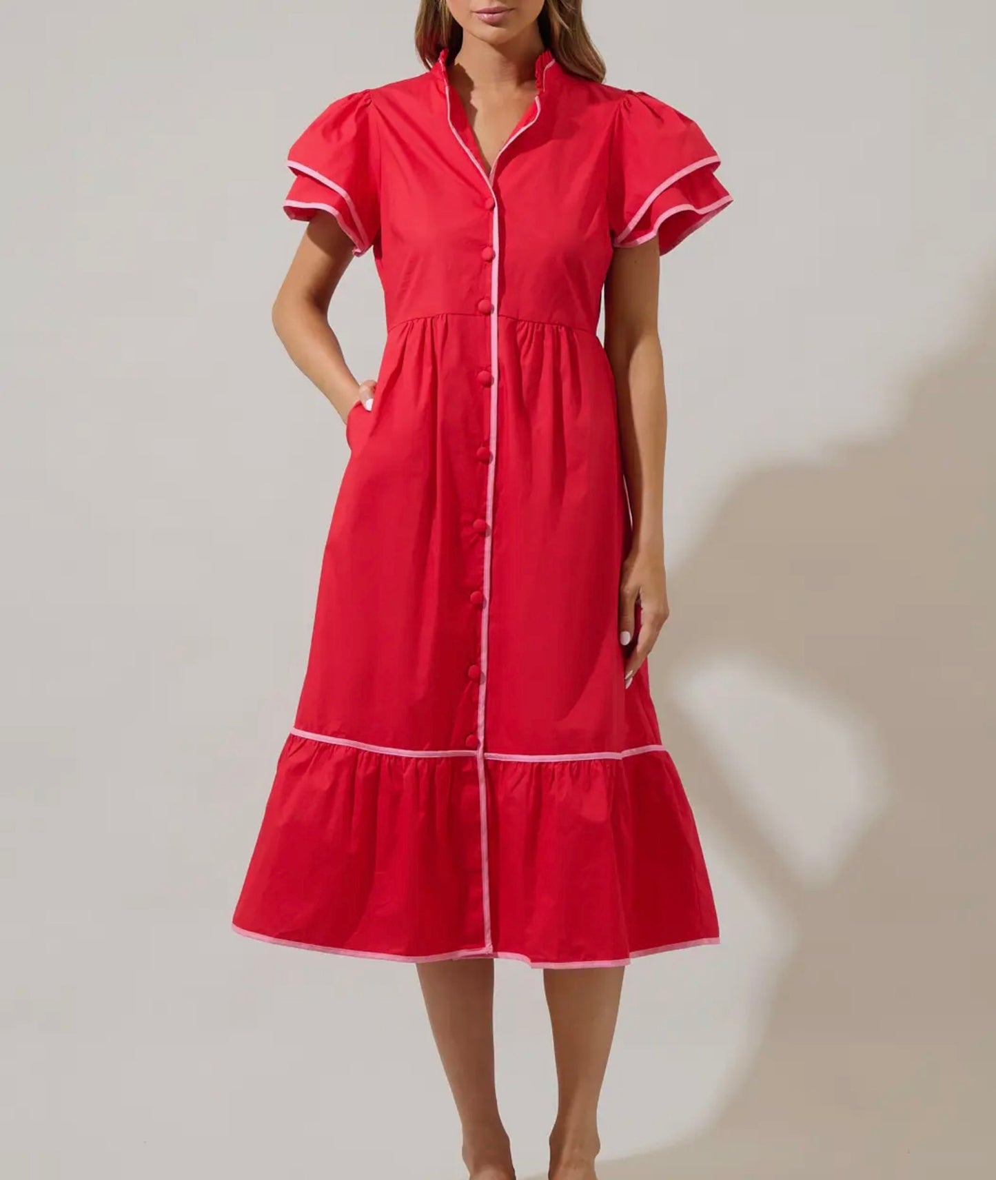 Button Down Midi Dress with Pink Trim