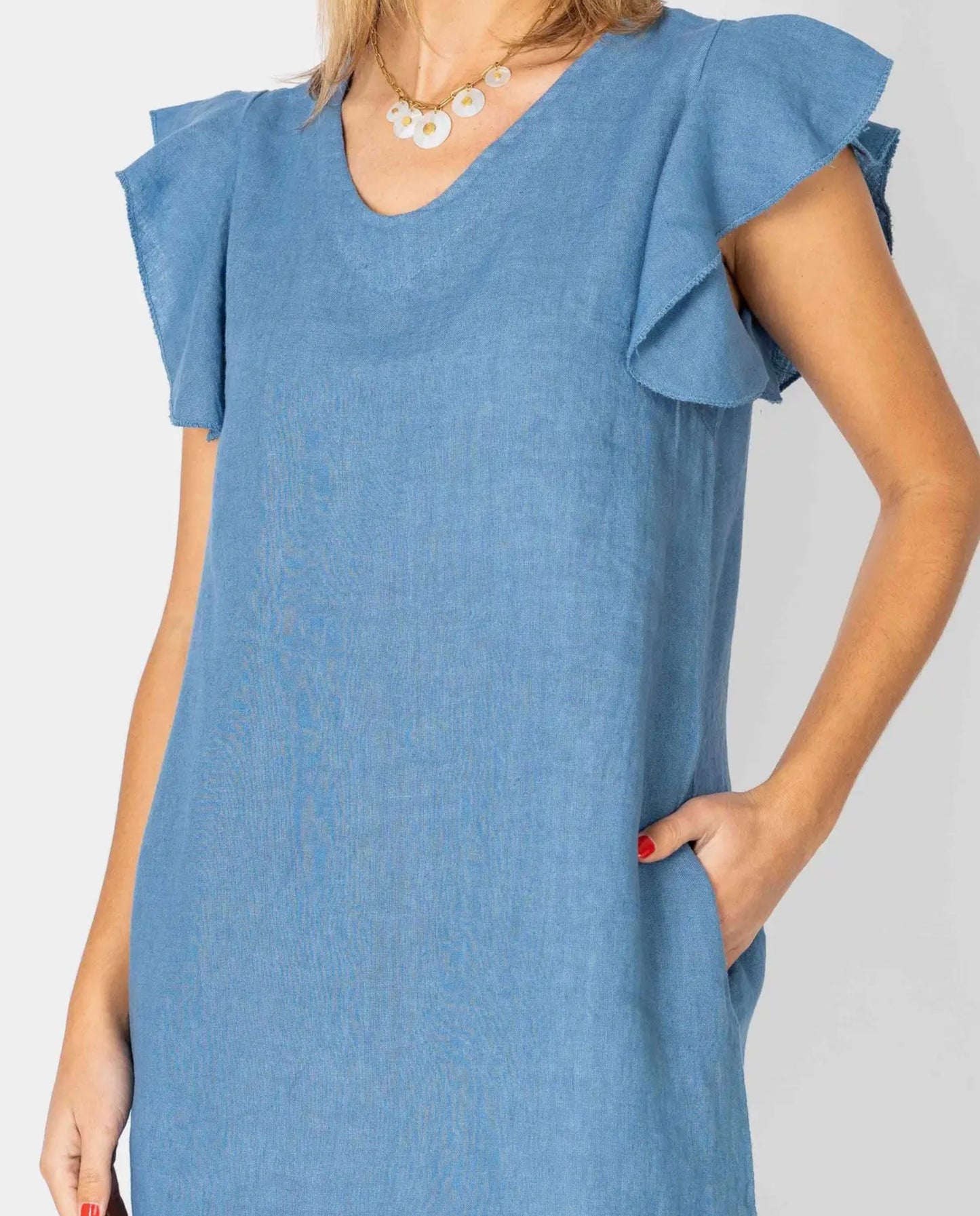 Blue Linen Flutter Sleeve Dress