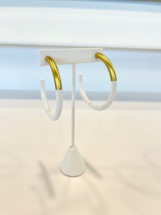 Large White & Gold Hoop Earrings
