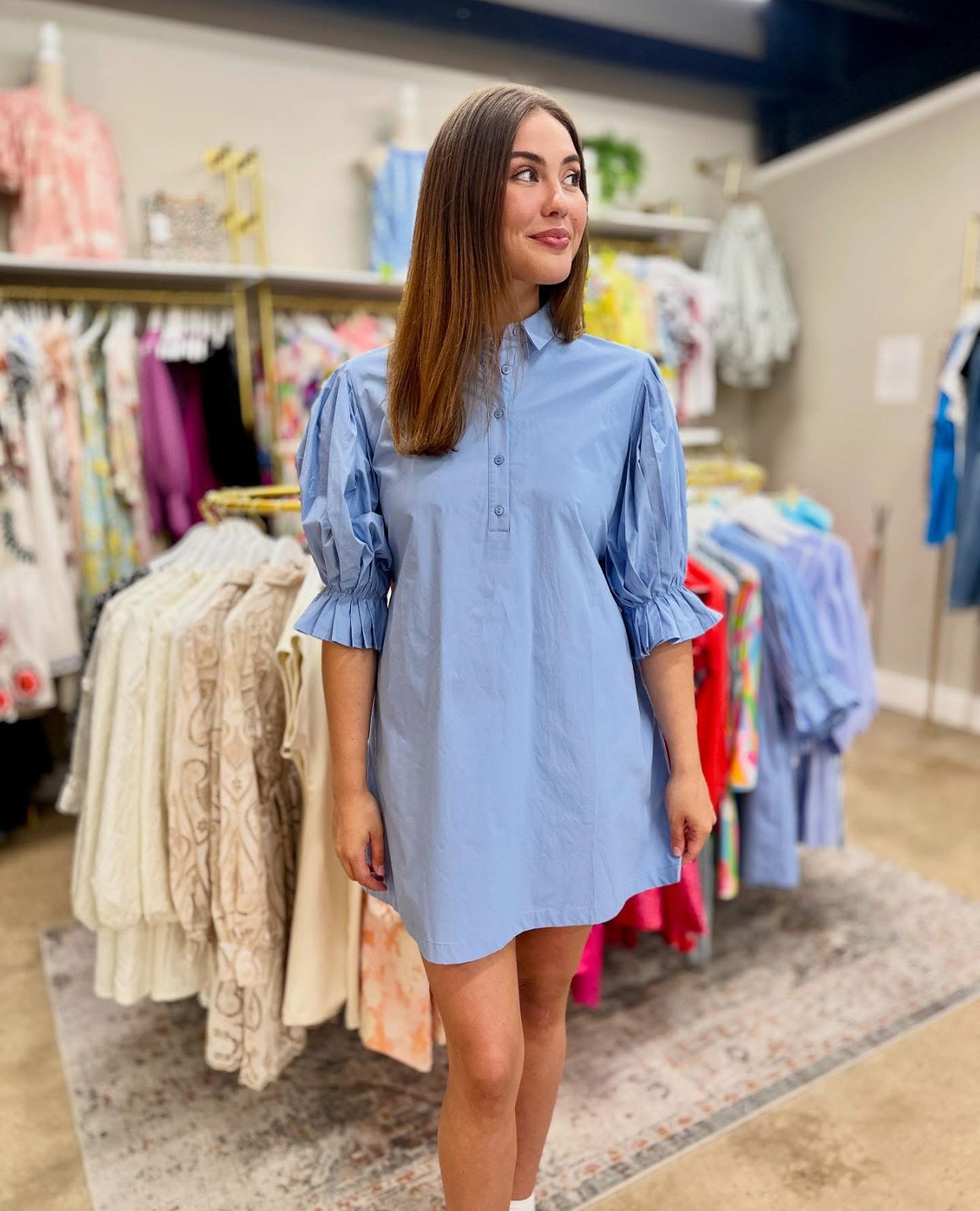 Light Blue Pleated Sleeve Dress