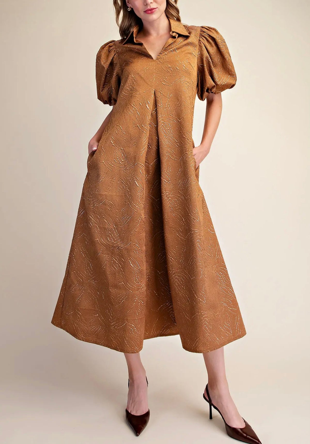 Puff Sleeve Lurex Midi Dress Camel