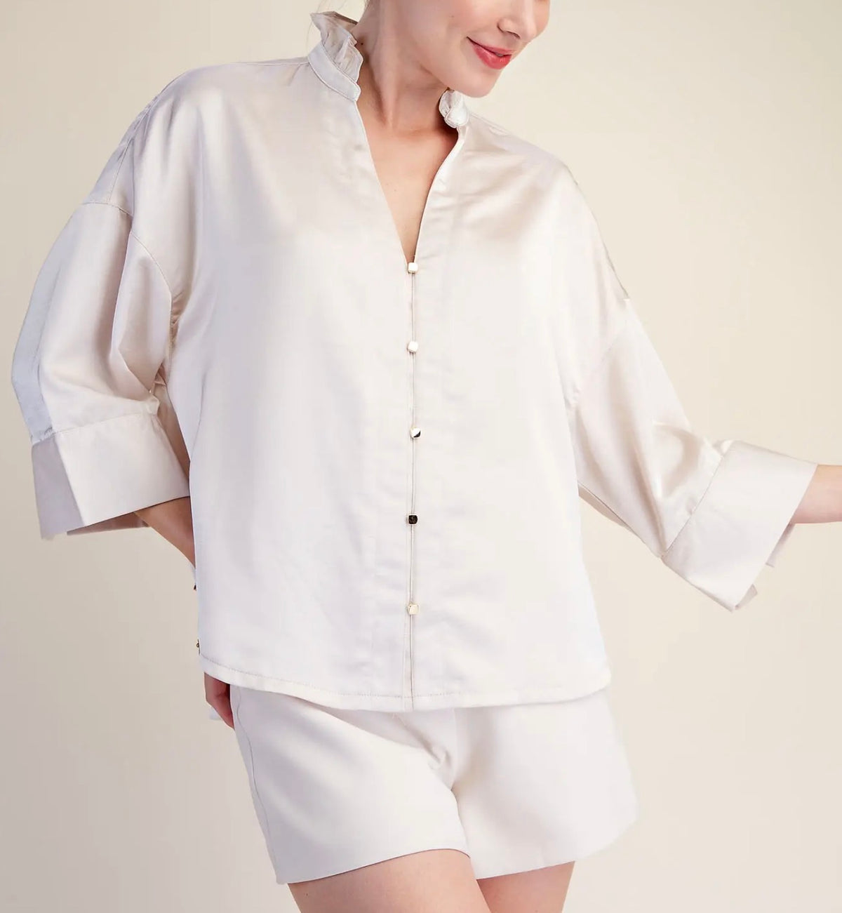 V Neck Button Down Shirt Cream