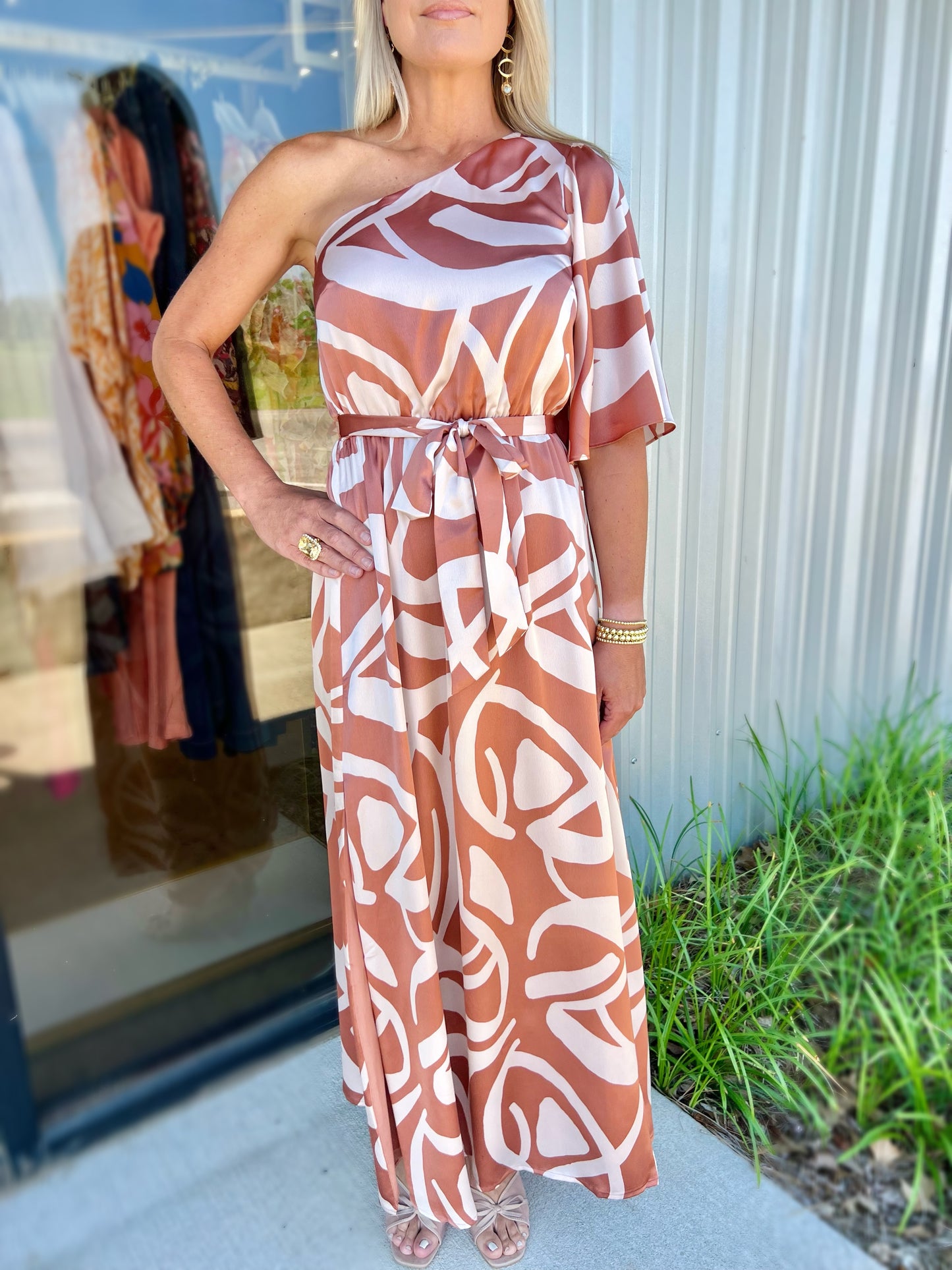 Copper Satin One Shoulder Dress