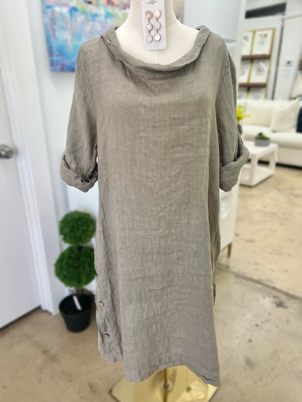 Taupe Cowl Neck Linen Dress
