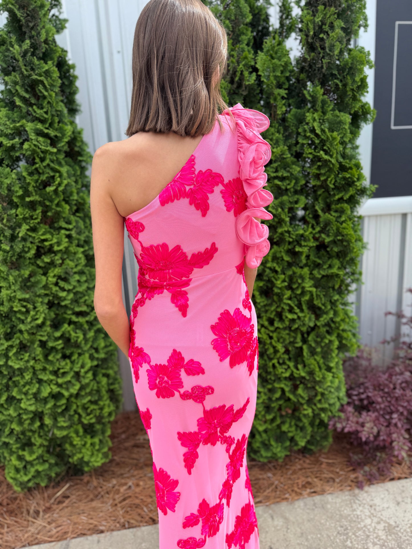 Pink One Shoulder Floral Dress