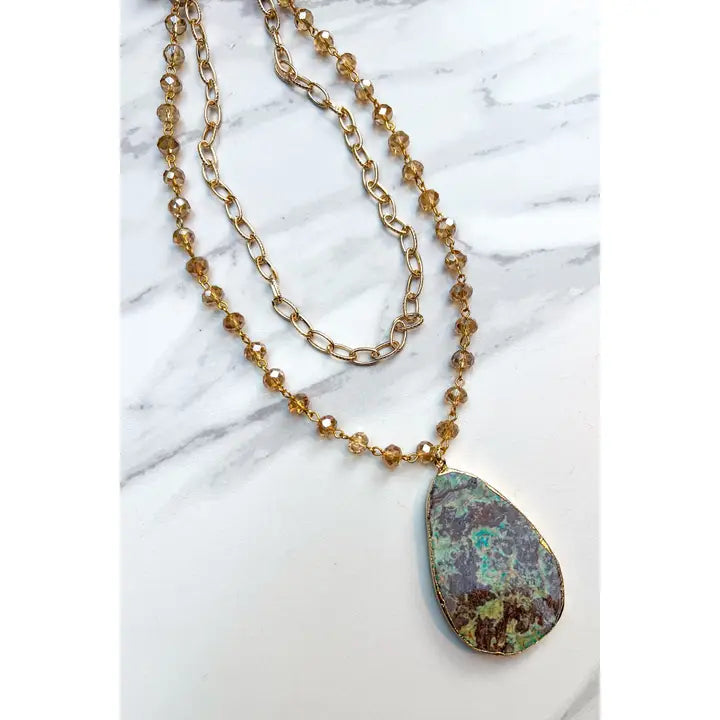 Layered Gold Beaded Necklace w/natural Stone