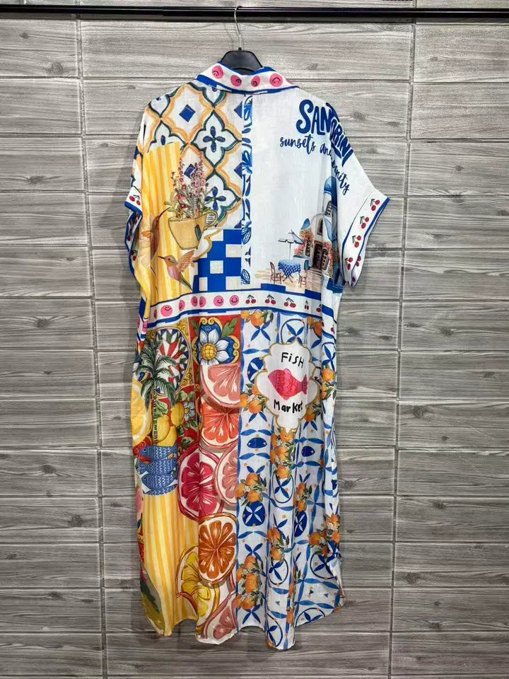 Mediterranean Print Dress - One Size