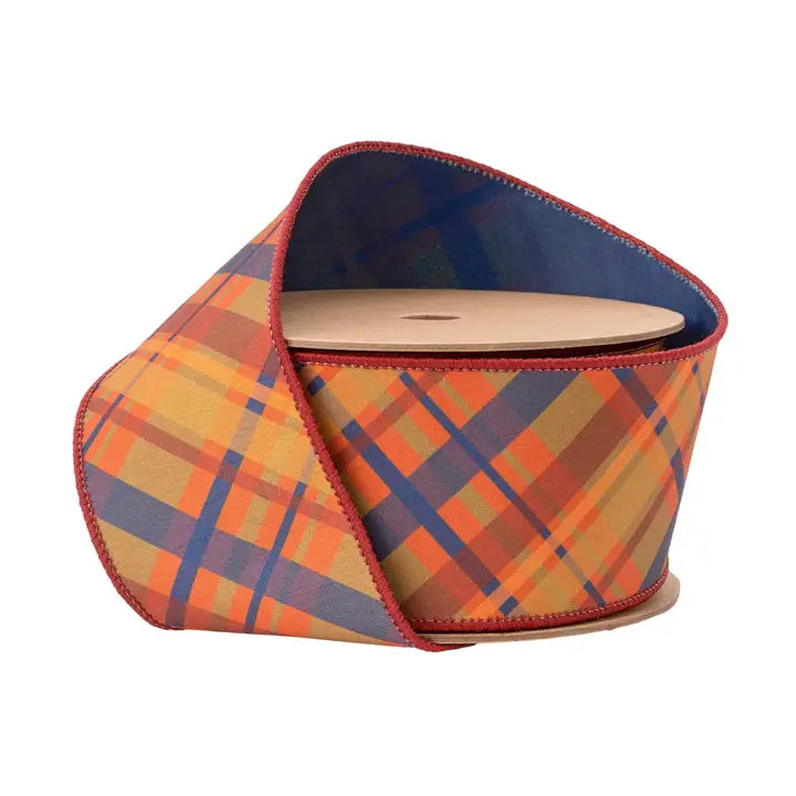 2.5" Wired Blue/Orange Plaid Ribbon 10 Yards