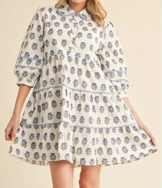 Blue & Off-White Floral Print Dress