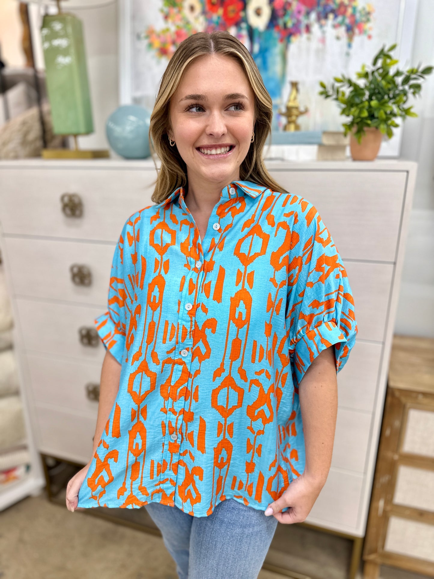 Blue with Orange Print Top