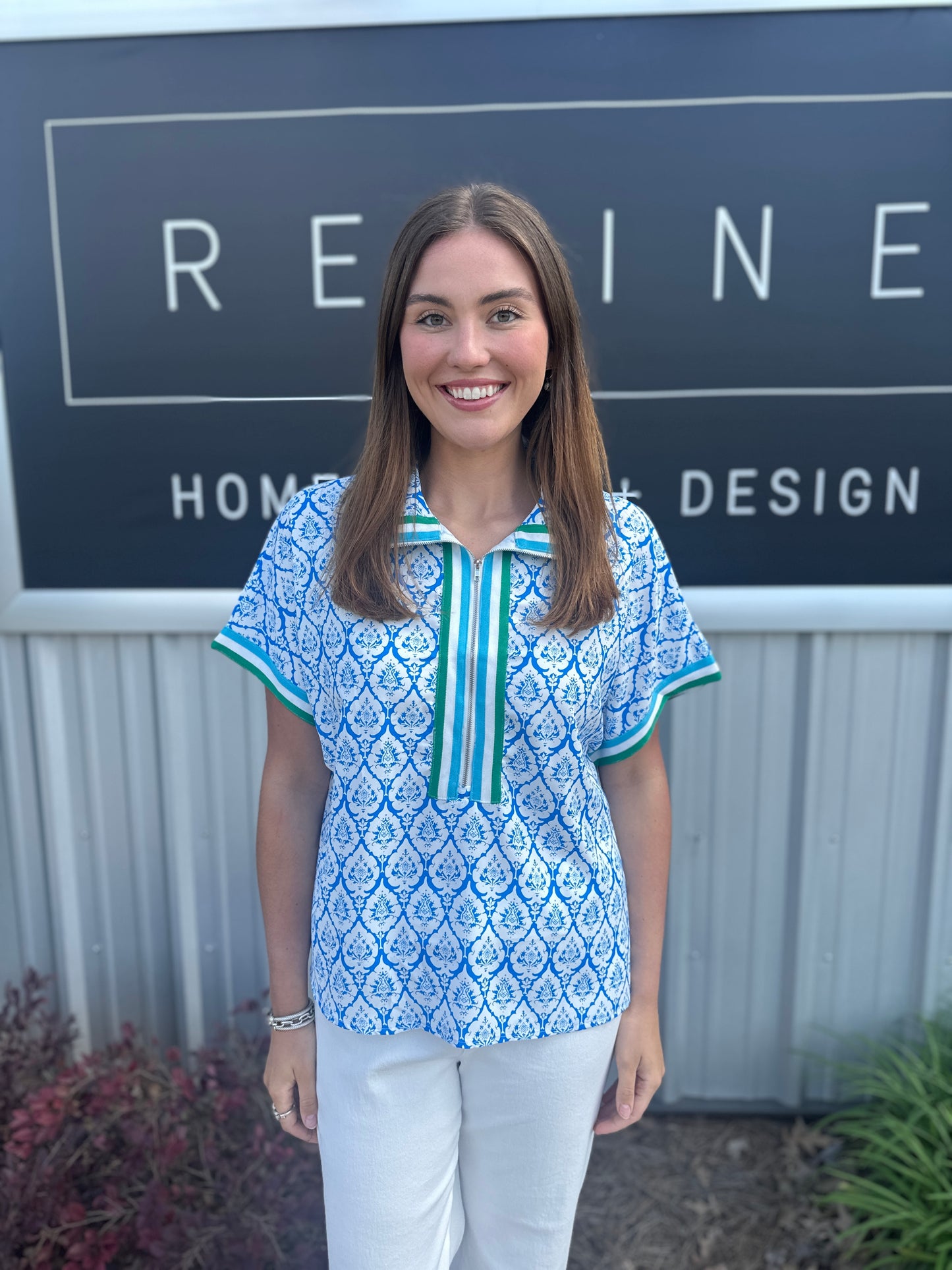 Blue Floral Zip Collar Top