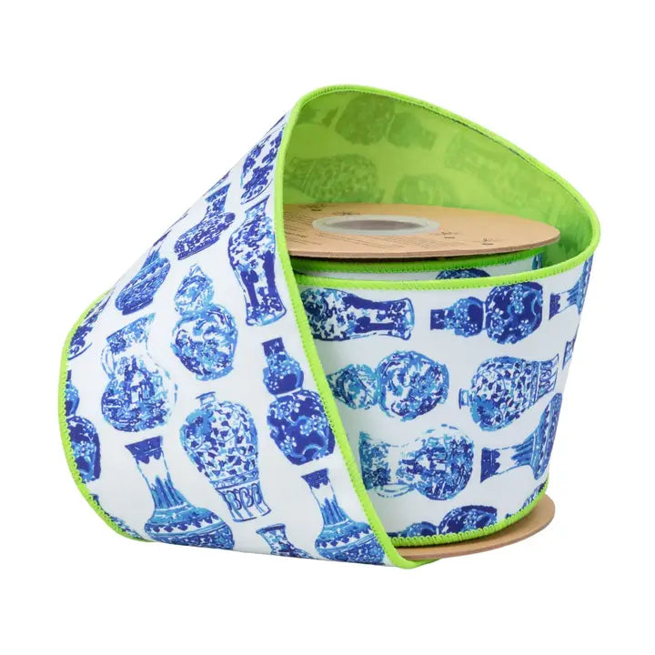 4" Blue & White Wired Ribbon - 10 Yards