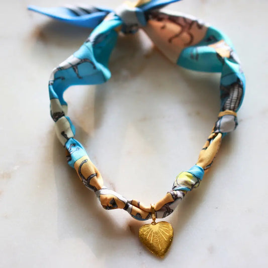 Blue Scarf Necklace w/ Gold Heart