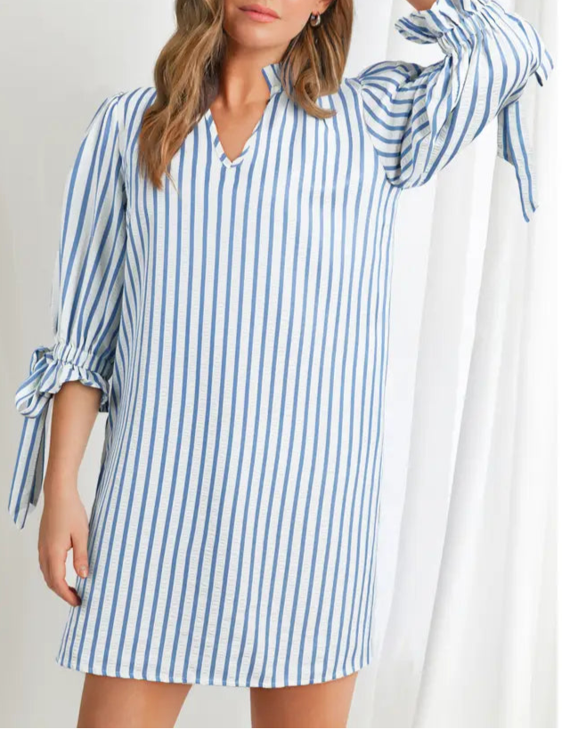 Blue Stripe V-Neck Mini Dress