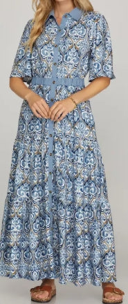 Blue & Toupe Patterned Maxi Dress