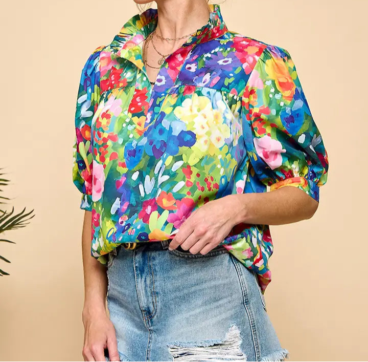 Bright Multi Puff Sleeve Top