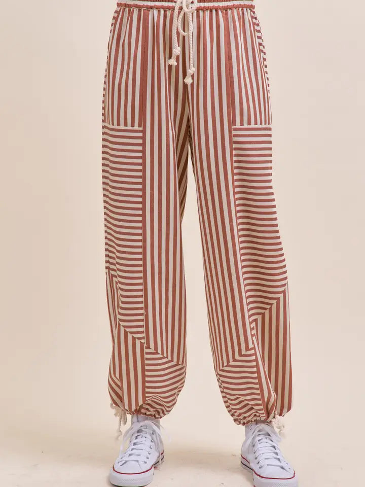 Brown Mixed Stripes Parachute Pants