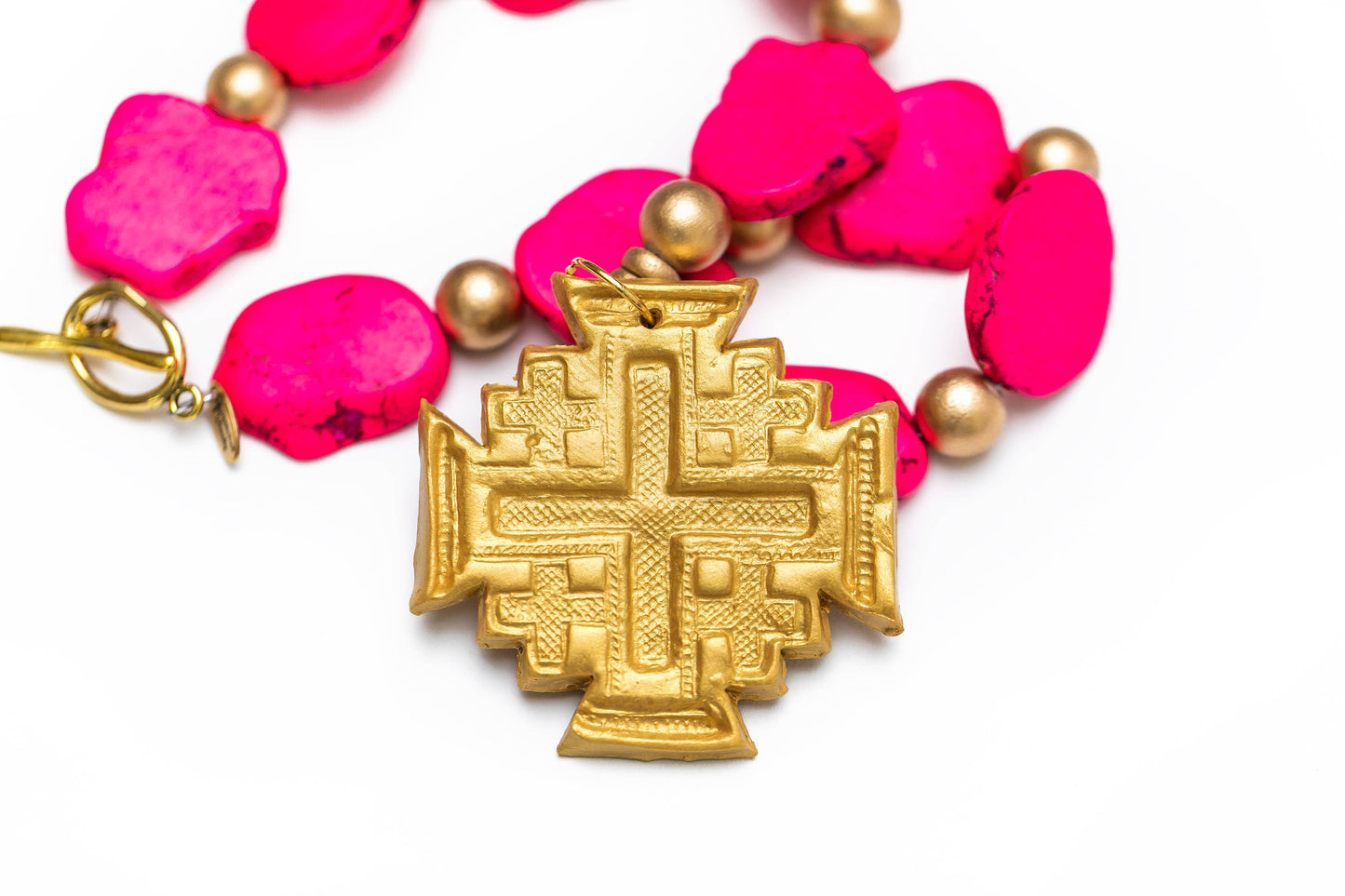 Hot Pink Jade Nuggets with Jerusalem Cross Necklace