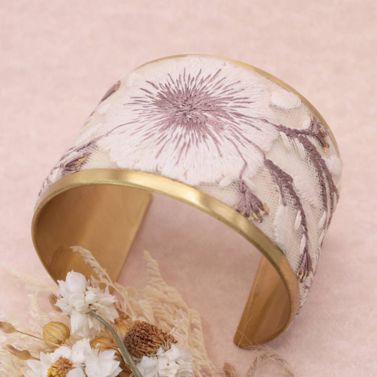 Cream Floral Embroidered Cuff Bracelet