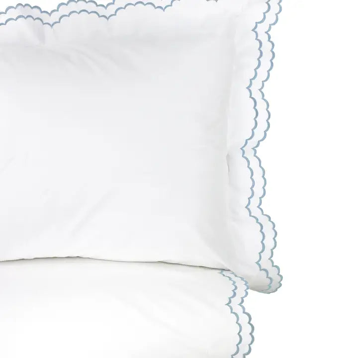 Scalloped Cotton Percale Duvet Cover Set-Blue/White