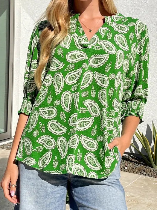 Green Smocked 3/4 Sleeve Top