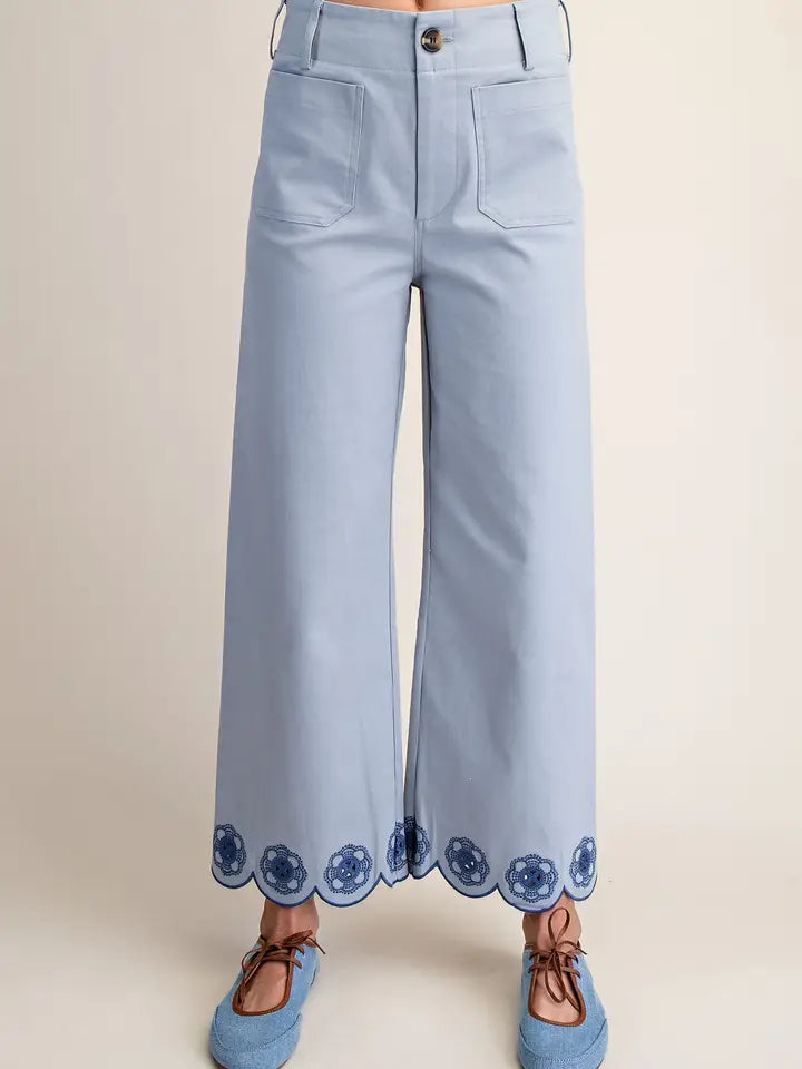 Blue Scallop Hemmed Wide Leg Pants