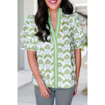 Green Ruffled Short Sleeve Top