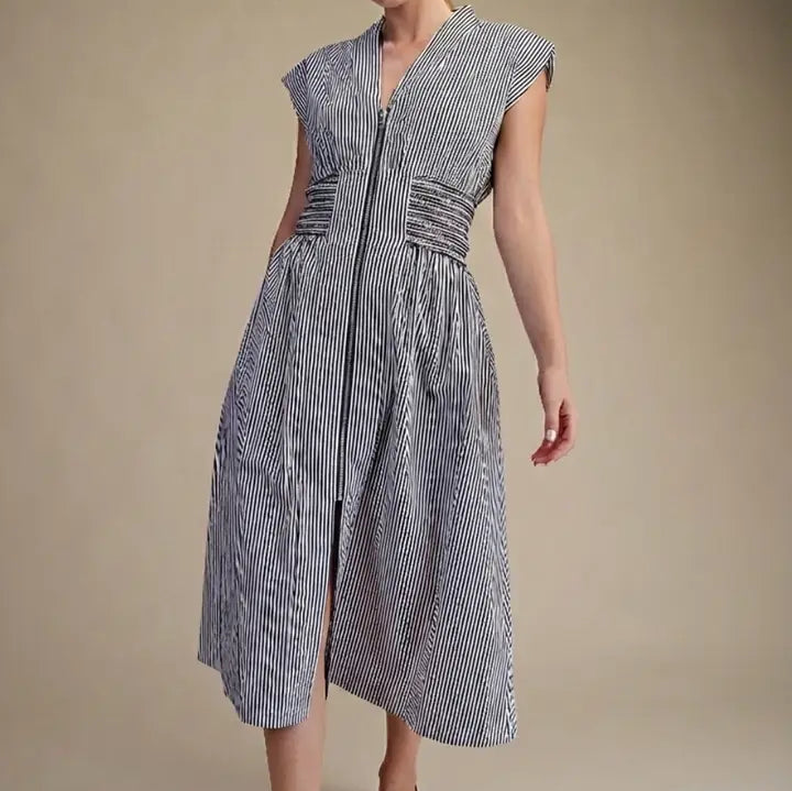 Navy V-Neck Zip Dress