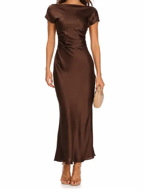 Chocolate Satin Boat Neck Dress