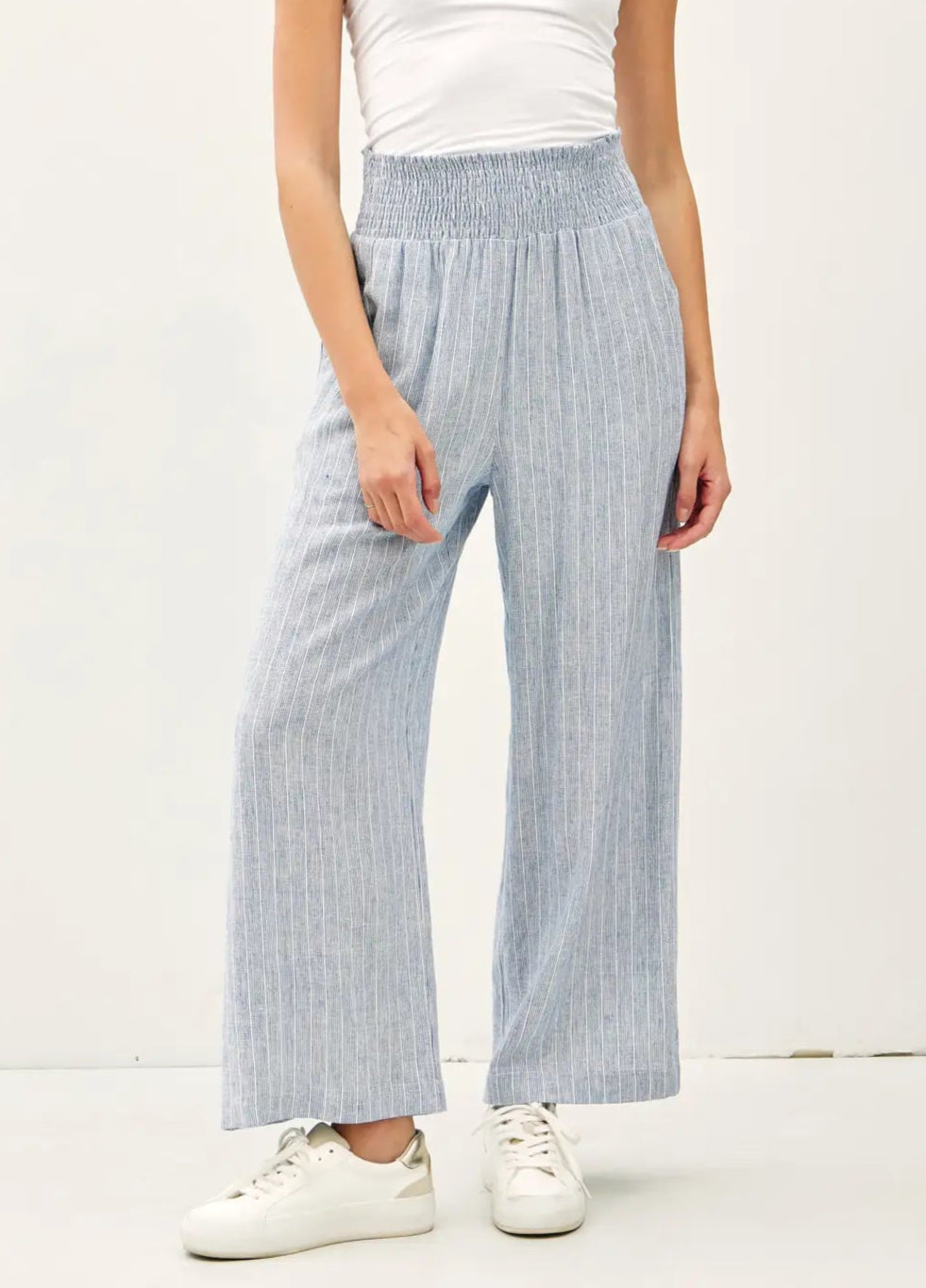 Blue Striped Linen Blend Wide Leg Pant
