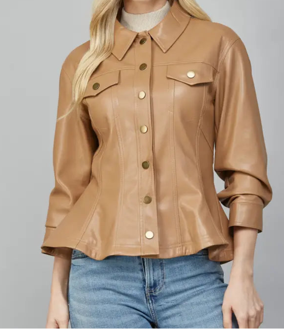 Faux Camel Leather Peplum Jacket