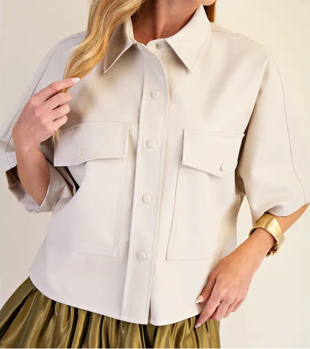 Beige Faux Leather Button Down Shirt