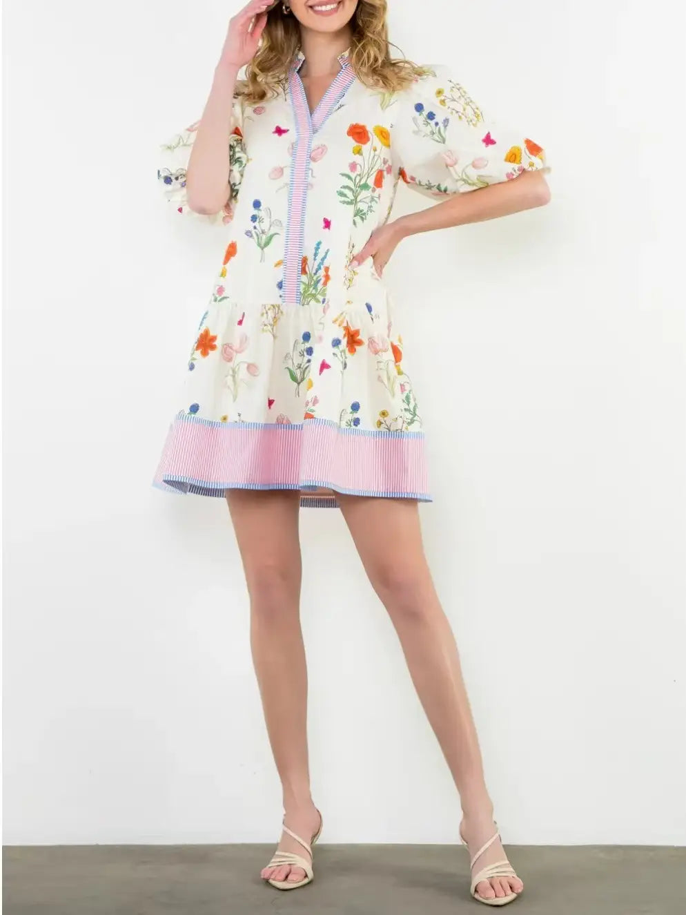 Cream Floral Puff Sleeve Dress
