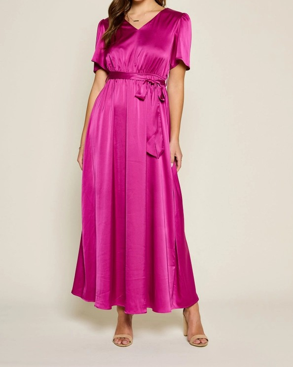 V-Neck Flutter Sleeve Maxi - Magenta