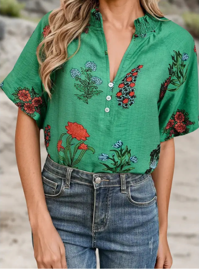 Green Floral Print V- Neck Top