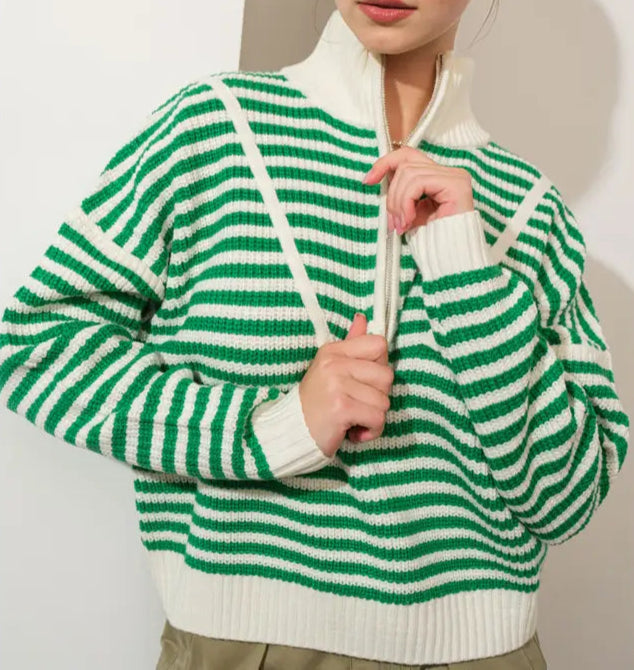Green Striped Zip Sweater