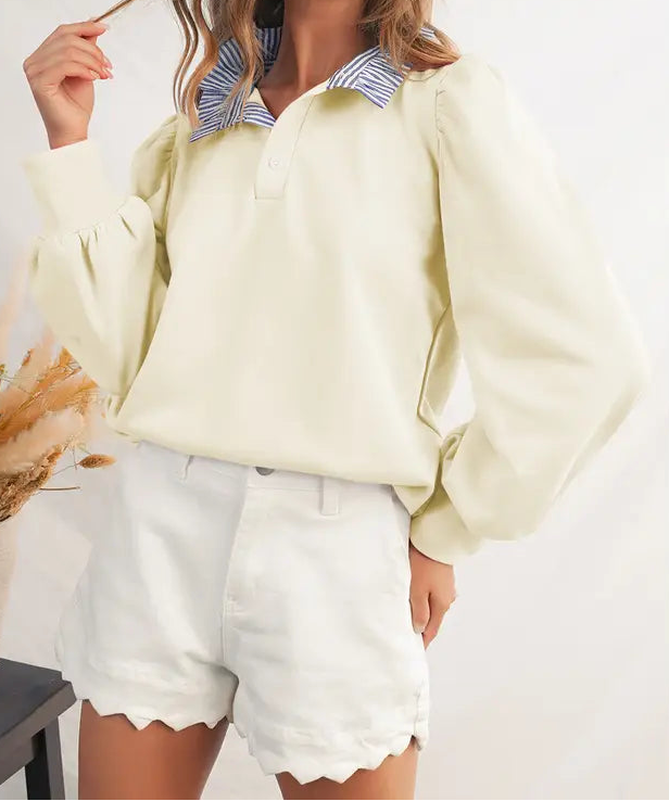 Stripe Collar Puff Sleeve Sweatshirt