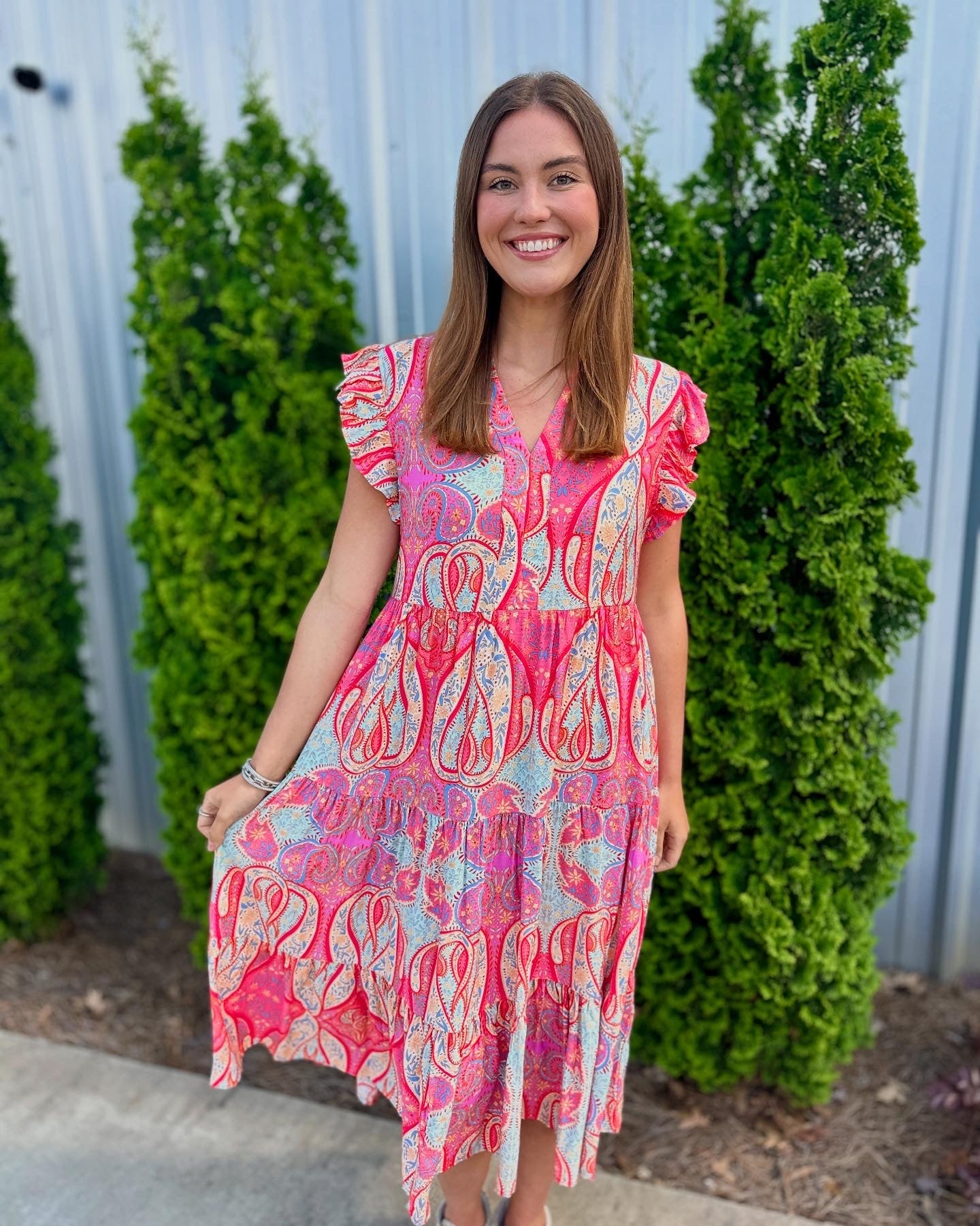Paisley Ruffle Sleeve Midi Dress