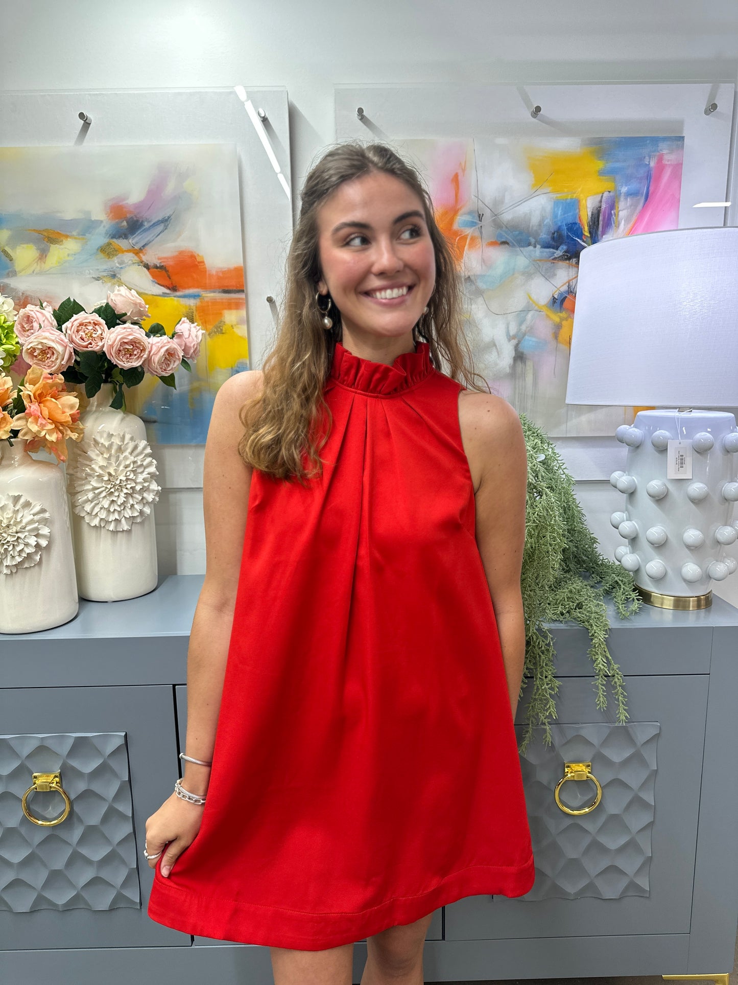 Red Sleeveless Tie Neck Dress