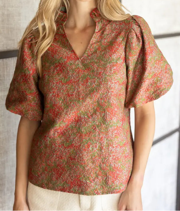 Red Jacquard Puff Sleeve Top